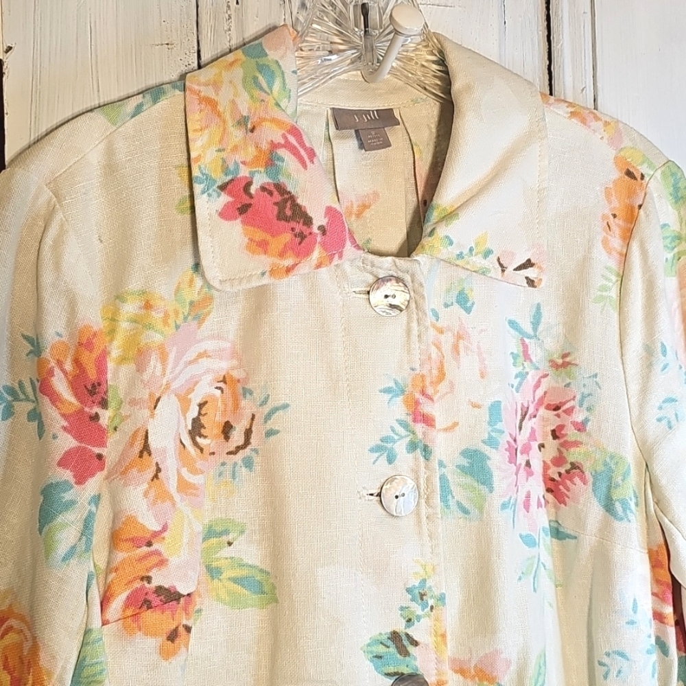 J. Jill Womens Linen/Cotton Off White Pastels Floral Smock Jacket Small Petite - Picture 2 of 8